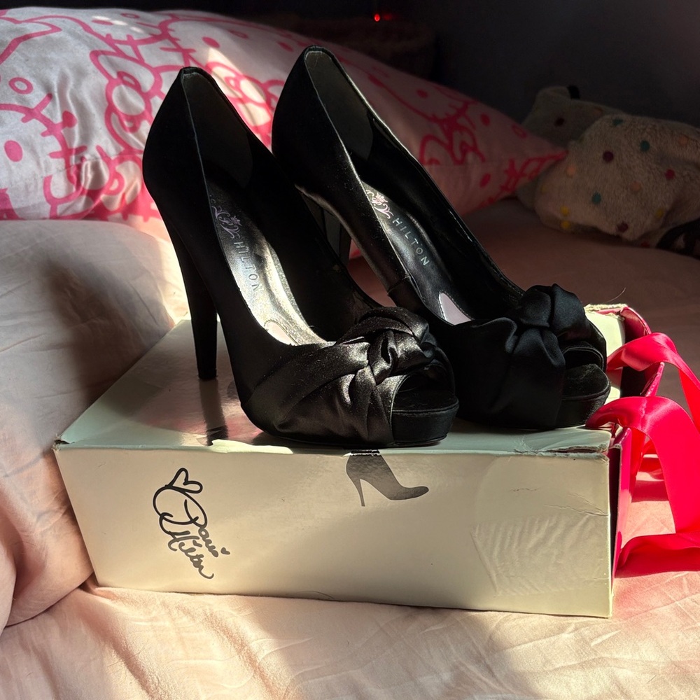 Paris Hilton Black Satin Peep-Toe Heels